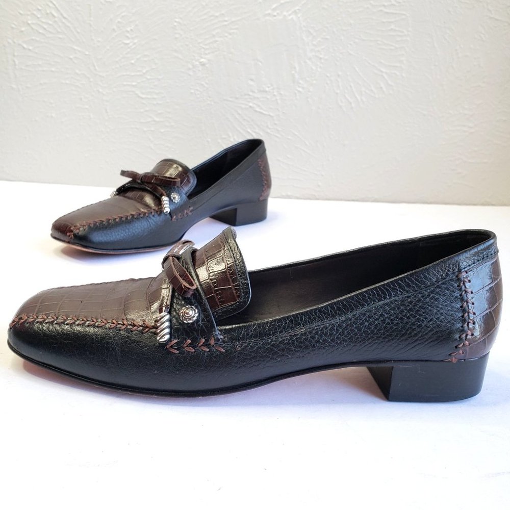 Brighton Slip On Bow Loafer Shoes 8 Narrow Croc Embossed Black Brown Loafers